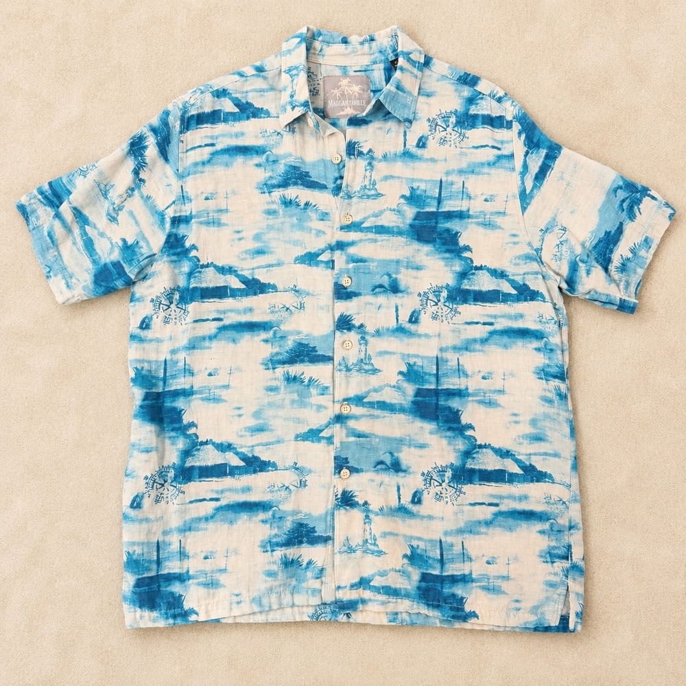 Margaritaville Silk Linen Tropical Coastal Resort Hawaii Print Shirt (LG) Summer